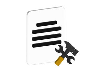Simple 3D illustration of a document icon with crossed tools. Transparent background, PNG format.