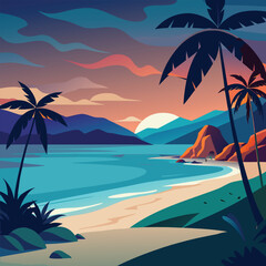 Sunset over a tropical beach scene, A vibrant sunset over a tropical beach with palm trees and a calm sea.