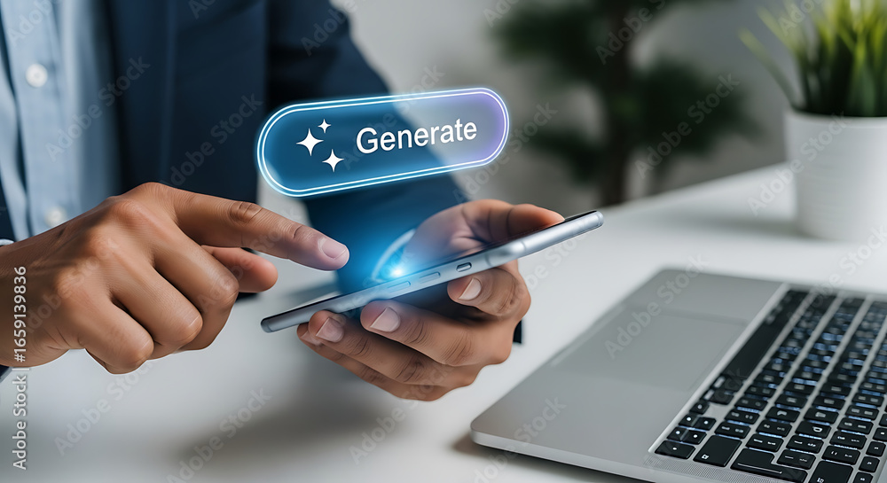 Poster person using a smartphone with a generate button above it while sitting at a desk with a laptop