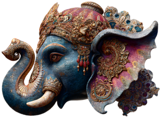 Side Profile of Lord Ganesha Head with Colorful Ornamentation and Textured Details, Angled View, Isolated on Transparent Background