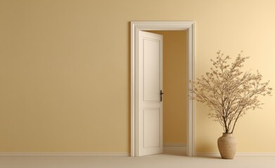 Minimalist interior scene featuring a white door slightly ajar, a tall potted plant with delicate branches, and a warm beige wall background