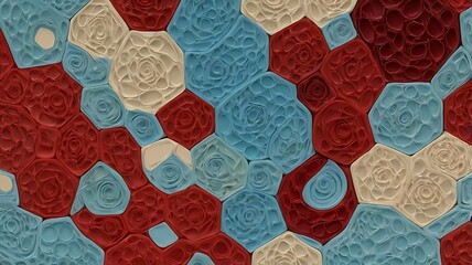 A colorful mosaic pattern of red blue and white hexagons with a floral rose like design in each shape