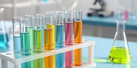 Colorful chemical solutions in test tubes – Laboratory experiment setup, scientific research concept, vibrant liquid reagents, chemistry education visual, analytical science background