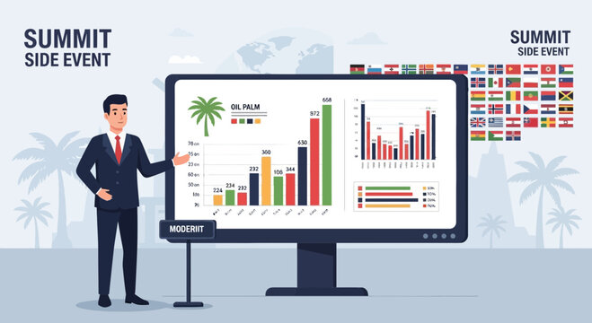 Visual presentation on oil palm industry at a global summit event with flags