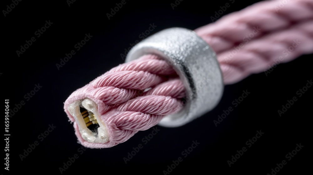 Poster pink twisted cord with metallic connector and black background macro detail