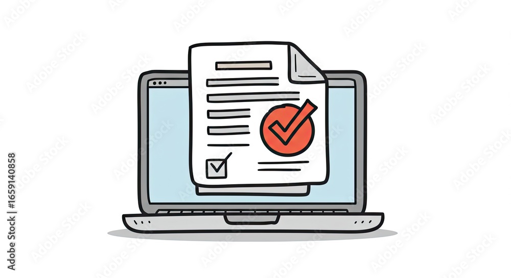 Poster modern laptop displaying a document with a prominent checkmark, signifying successful task completio