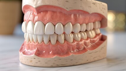 Obraz premium Full jaw dental model with healthy teeth and gums – Oral anatomy reference, realistic tooth structure, gum health visual, dental education tool, clinical training concept