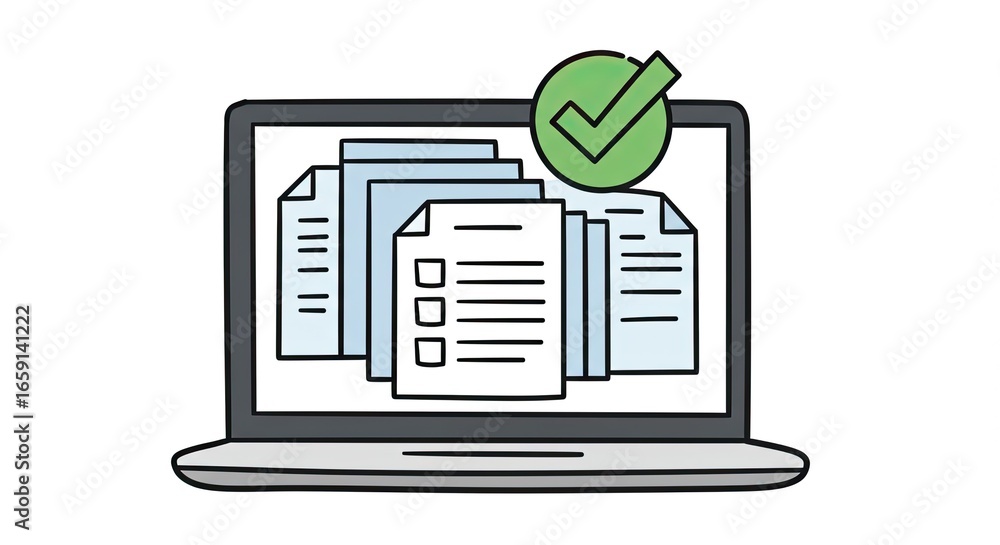 Poster digital task completion on laptop screen with success checklist and green checkmark symbol, signifyi