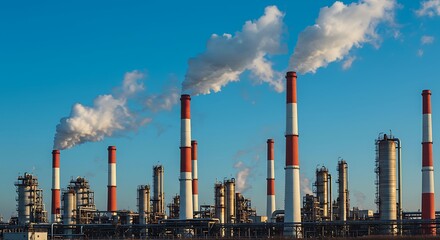 Obraz premium White and red industrial chimneys billow white smoke against a clear sky. A view of industrial activity and its environmental impact.