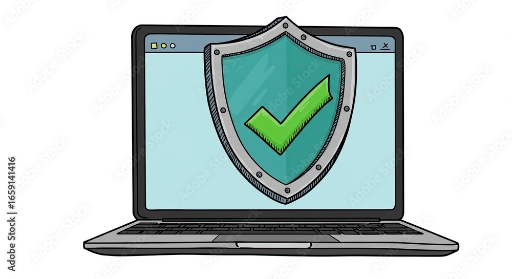 Poster secure your digital world with this modern laptop featuring a prominent shield and checkmark symbol,