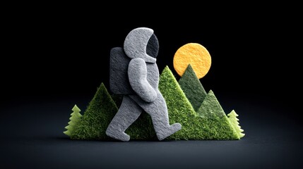 Grey felt astronaut walks through a miniature mossy landscape with a yellow sun