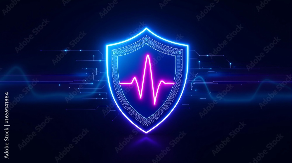 Aufkleber cybersecurity shield with heartbeat line for data protection and network security concept