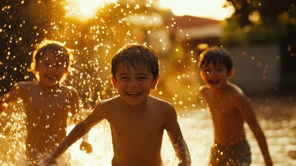 Happy boys playing in water, sunset, backyard fun, summer joy