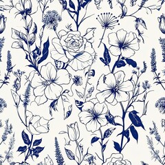 Elegant floral pattern with white background and navy blue outlines of various flowers and plants.