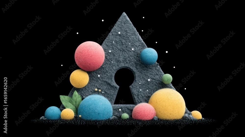 Poster textured triangle with keyhole shape surrounded by colorful spheres on black background