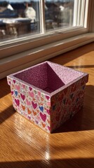 Small square box, pink glitter interior, colorful heart pattern exterior