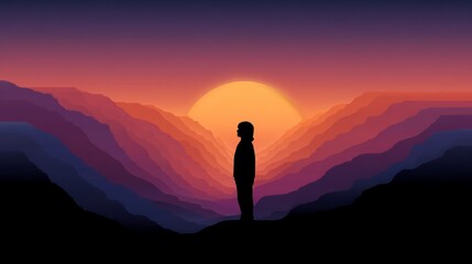 Fototapeta premium Silhouette of a person standing on a ridge overlooking layered mountains at sunset with a vibrant sky