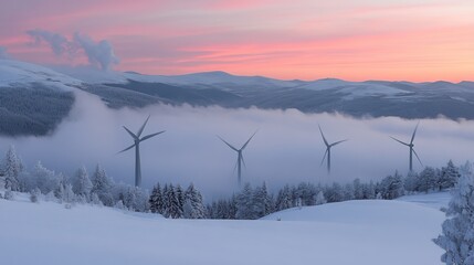 Sunrise over snowy mountains, wind turbines in mist