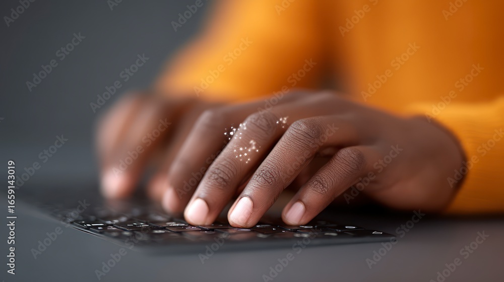 Poster close up on dark skinned hands typing on a black keyboard with subtle glowing particles on fingertip