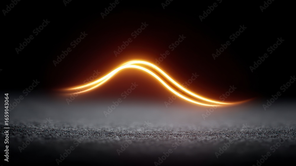 Poster golden light trails curve and wave across a dark textured surface with a soft bokeh background