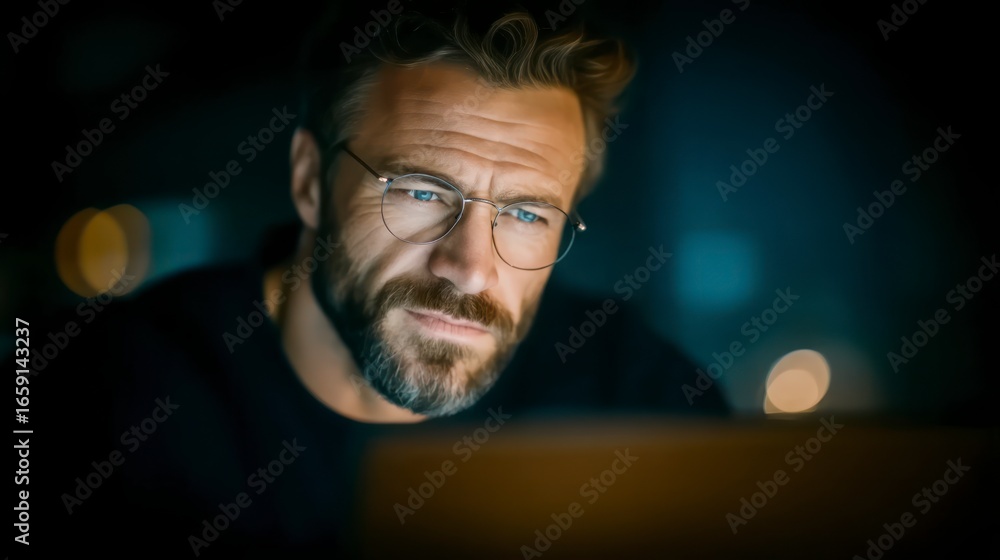 Poster man with beard and glasses intensely focused on a computer screen in a dark room