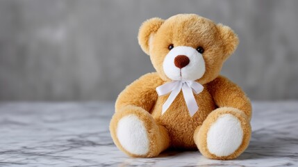 Obraz premium A classic brown teddy bear with a white ribbon bow sits on a marble surface against a textured grey background