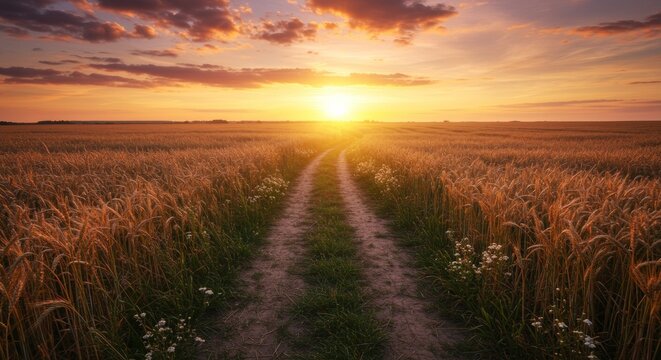 Dirt path cuts through golden wheat field toward a vibrant sunset with dramatic clouds and soft, warm light