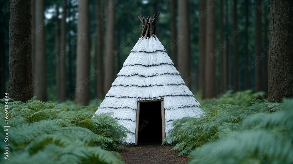 Poster white conical structure with open doorway in a dense forest surrounded by ferns and tall trees