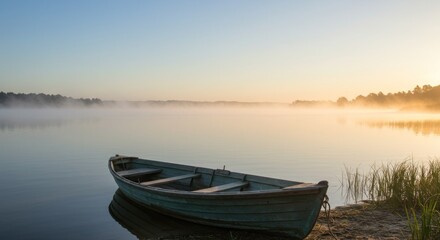 Fototapeta premium Tranquil lake scene with a boat on the shore shrouded in mist at sunrise, promising peaceful waters
