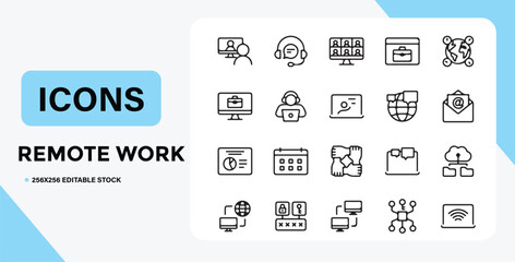 Collection of online meeting and remote work related line icons