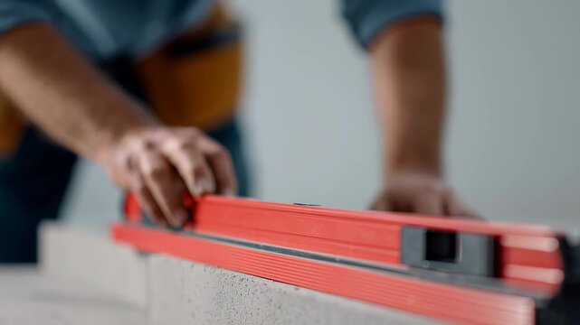 Carpenter hand using red spirit level tool for precise measurement concrete block with focused hand checking surface alignment and craftsmanship