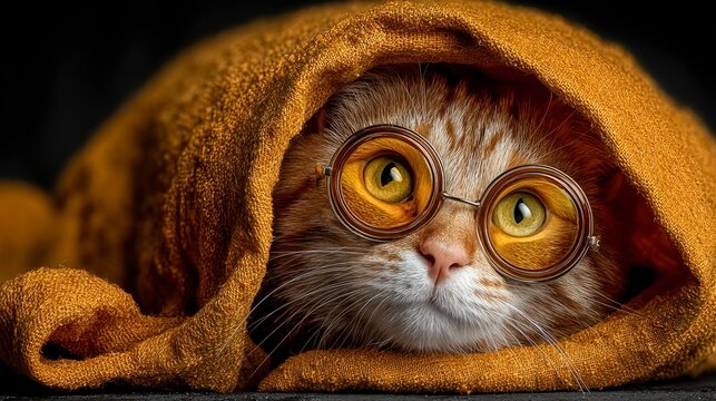 Adorable ginger cat wearing round glasses peeking out from a cozy mustard colored blanket
