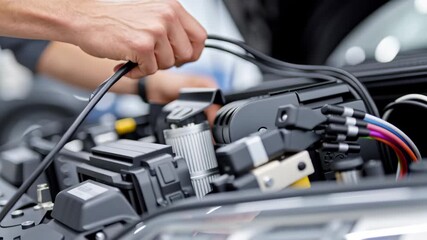 Electric vehicle maintenance specialist working on car engine wiring and cables with focused hand in bright workshop for vehicle repair tasks