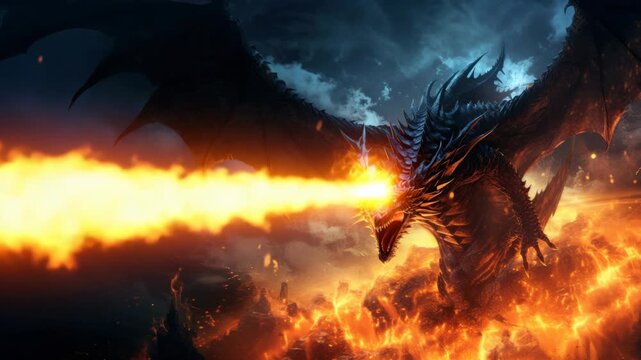 Epic fantasy scene of a dragon breathing fire over a city, captured from a low-angle. Dramatic lighting enhances the cinematic video style. Live desktop wallpaper.
