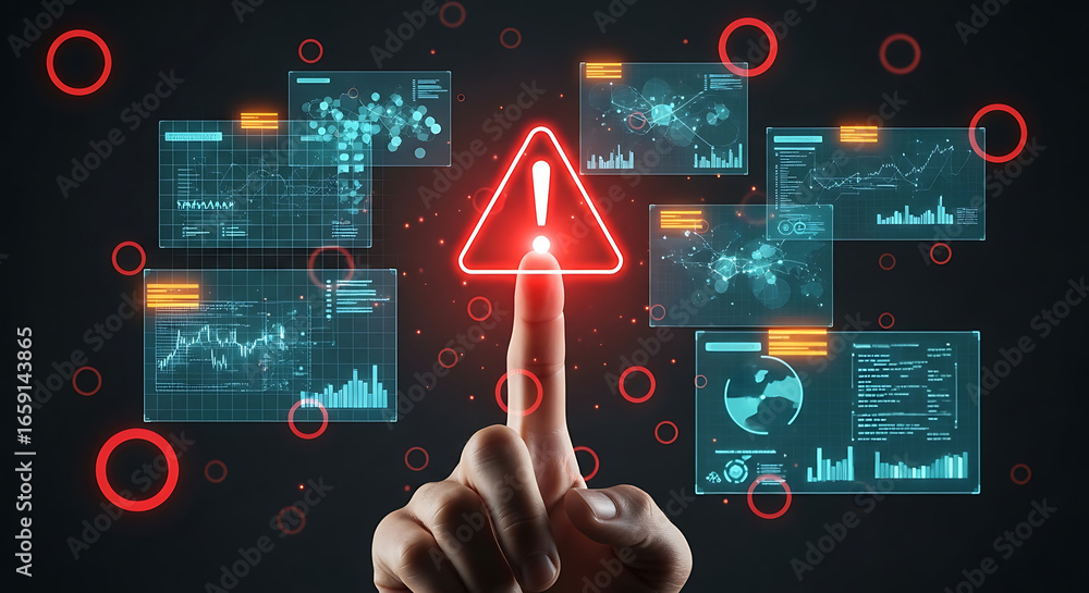Poster hand touching a red warning sign surrounded by data visualizations on a dark digital background