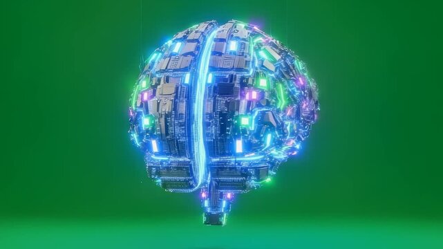 Futuristic Artificial Intelligence Brain Concept with Glowing Cybernetic Network Visuals on green