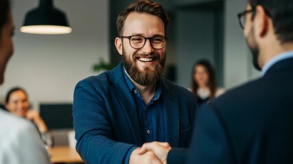 A smiling businessman with glasses and a beard shakes hands with a colleague in a modern office setting, symbolizing a successful deal and collaboration