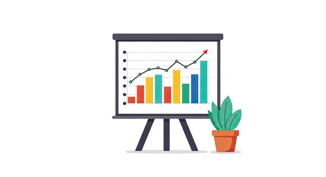 Dynamic financial growth chart presented on a flip chart with a vibrant potted plant, symbolizing business success and upward trends.