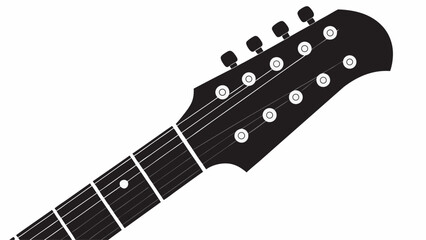 Detailed close up of a black electric guitar headstock and neck with strings and tuning pegs shown