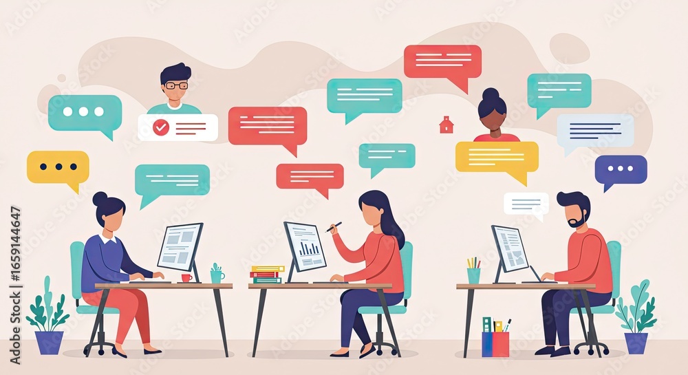 Poster diverse team collaborating digitally with chat bubbles symbolizing communication and connection in a