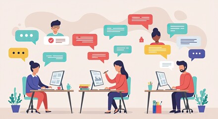 Diverse team collaborating digitally with chat bubbles symbolizing communication and connection in a modern office setting