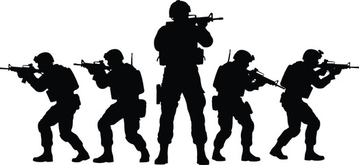 Silhouettes of armed soldiers, tactical combat stance, military formation, black isolated figures, rifle ready, defense, warfare, teamwork, protection, mission