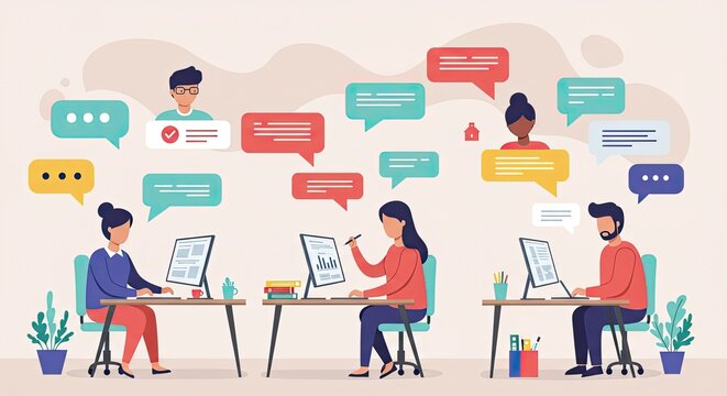 Diverse team collaborating digitally with chat bubbles symbolizing communication and connection in a modern office setting