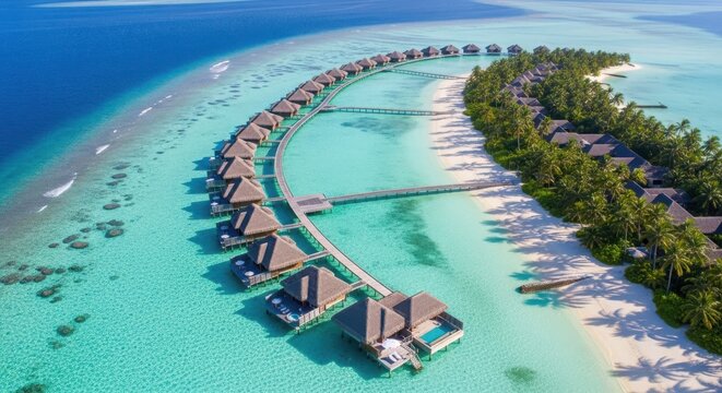 Aerial view of luxurious overwater bungalows in a tropical resort in the maldives, surrounded by turquoise ocean waters