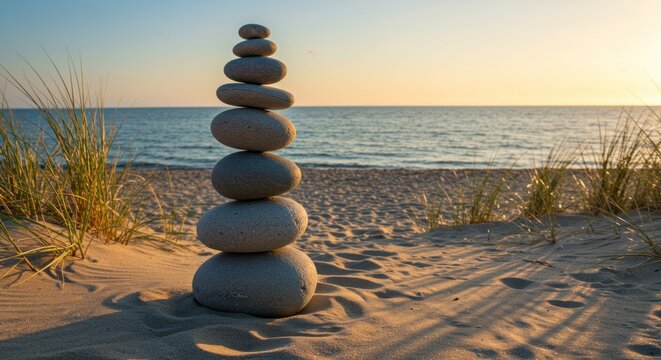 A balanced stack of smooth, grey stones stands on a sandy beach at sunset, with sea grasses framing the scene and the calm ocean in the background. The soft light casts shadows on the sand