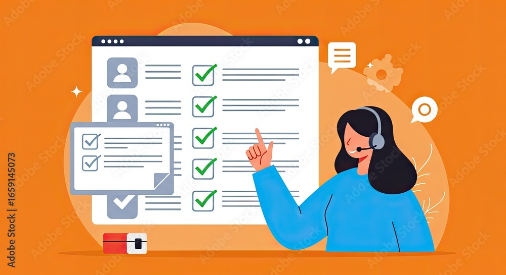 Poster confident customer service agent with headset efficiently managing tasks on digital checklist, ensur