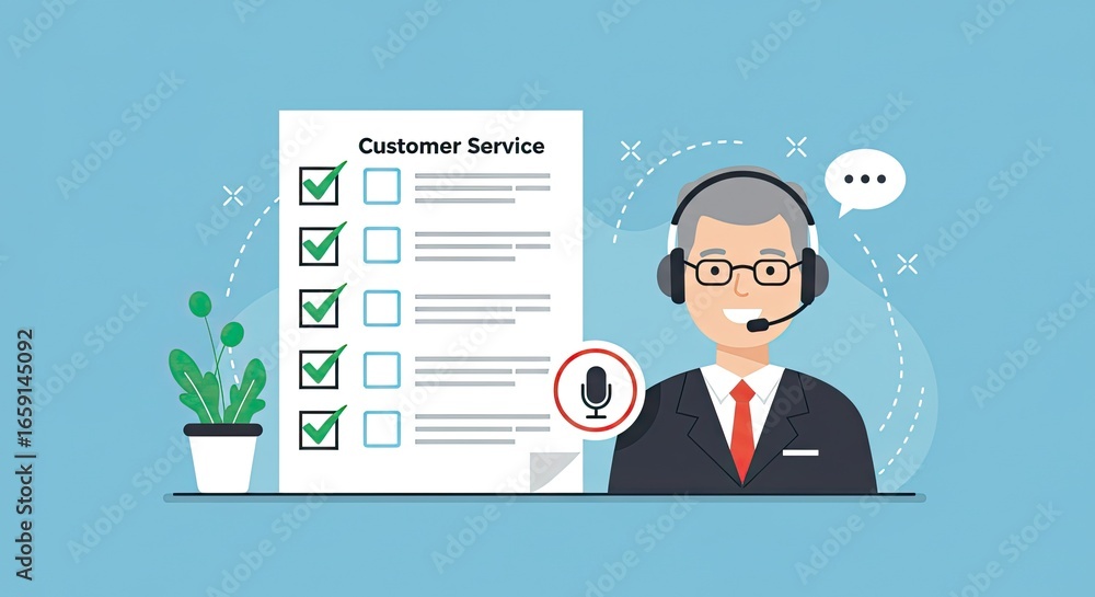 Poster professional customer service representative with headset and checklist, ready to assist and resolve