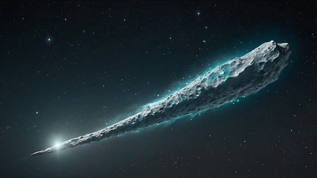 A long asteroid or comet with a glowing tail moving through the vastness of space with distant stars