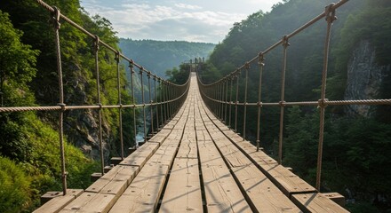 A rustic wooden suspension bridge stretches across a deep, verdant gorge, its planks worn, cables taut, sunlight illuminating the scene, suggesting adventure and a journey across nature's expanse