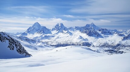 Fototapeta premium Snowy mountain peaks under a clear blue sky. Wide-angle view of a pristine winter landscape